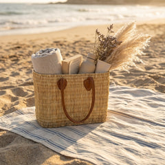 Classic Straw Basket Bag - Tote with Genuine Leather Handles