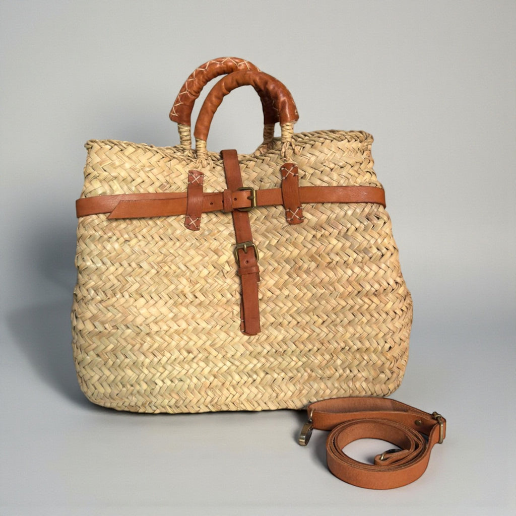 Woven Straw Tote Bag with Leather Handles & Strap - Summer Basket
