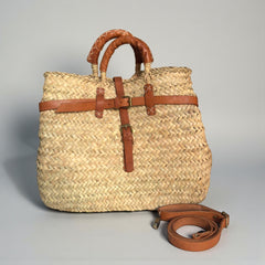 Woven Straw Market Basket Bag Leather Crossbody Tote
