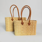 Rectangular Straw Market Bag with Leather Handles - Woven Beach Tote