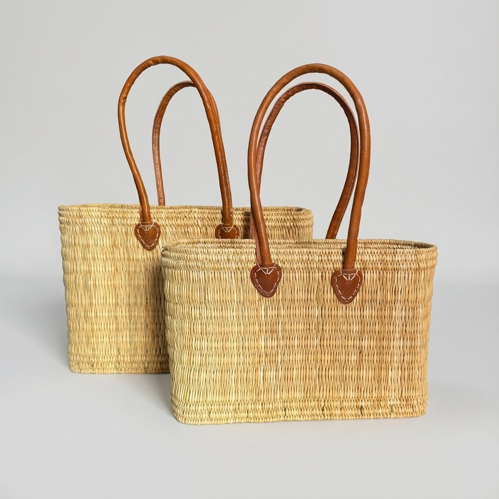 Rectangular Straw Market Bag with Leather Handles - Woven Beach Tote