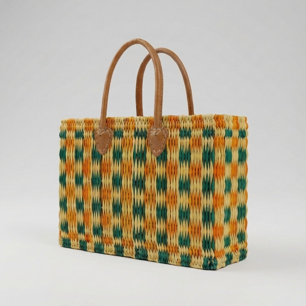 Handmade Reed Market Basket Tote Bag - Orange Green Geometric Pattern