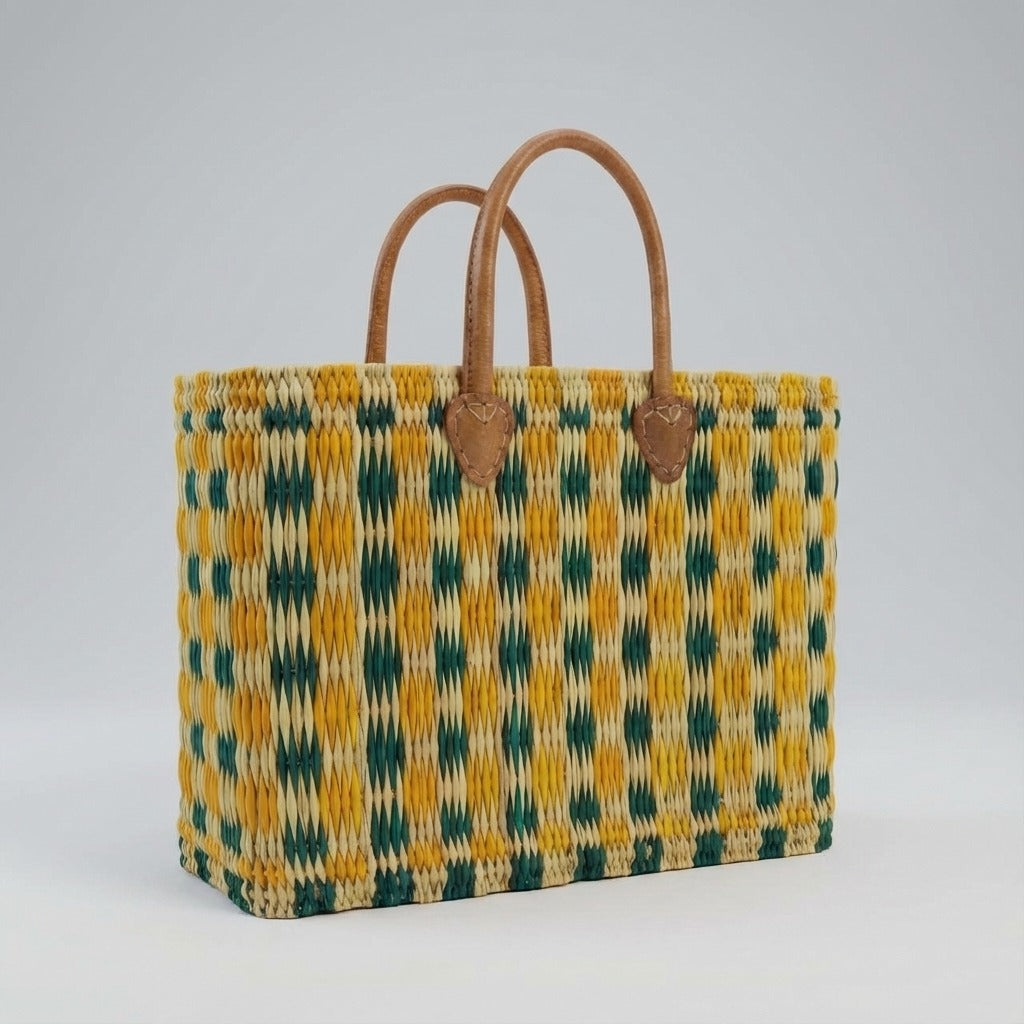 Handmade Reed Market Basket Tote Bag - Orange Green Geometric Pattern