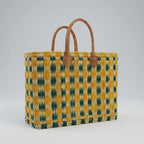 Handmade Reed Market Basket Tote Bag - Orange Green Geometric Pattern