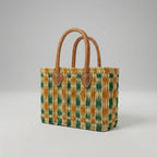 Handmade Reed Market Basket Tote Bag - Orange Green Geometric Pattern