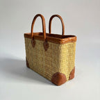 French Market Basket with Leather Handles - Woven Straw Tote Bag