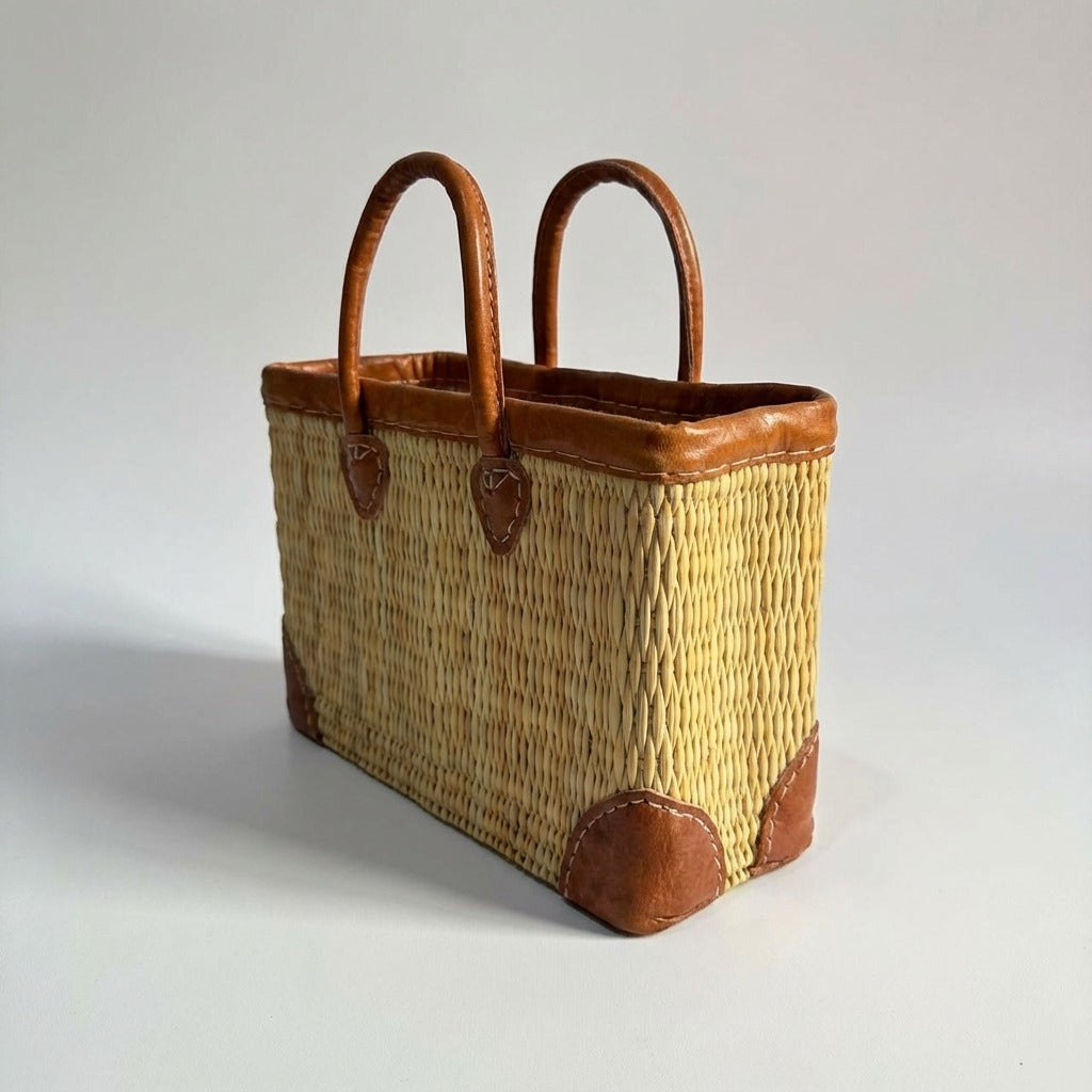 French Market Basket with Leather Handles - Woven Straw Tote Bag