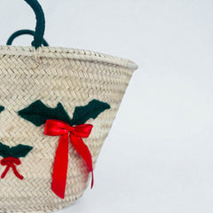 Festive Holly & Bow Straw Tote Bag - Christmas Market Basket