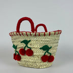 Woven Straw Cherry Basket Tote Bag with Red Pom Pom Details