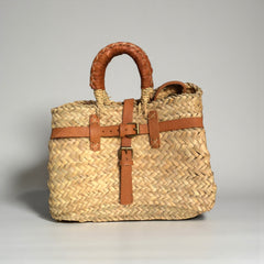 Woven Straw Market Basket Bag Leather Crossbody Tote