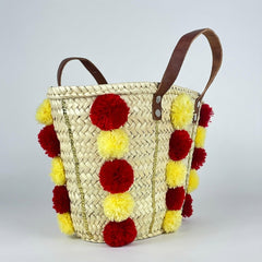 Handmade Moroccan Straw Tote Bag with Pom Poms & Sequins