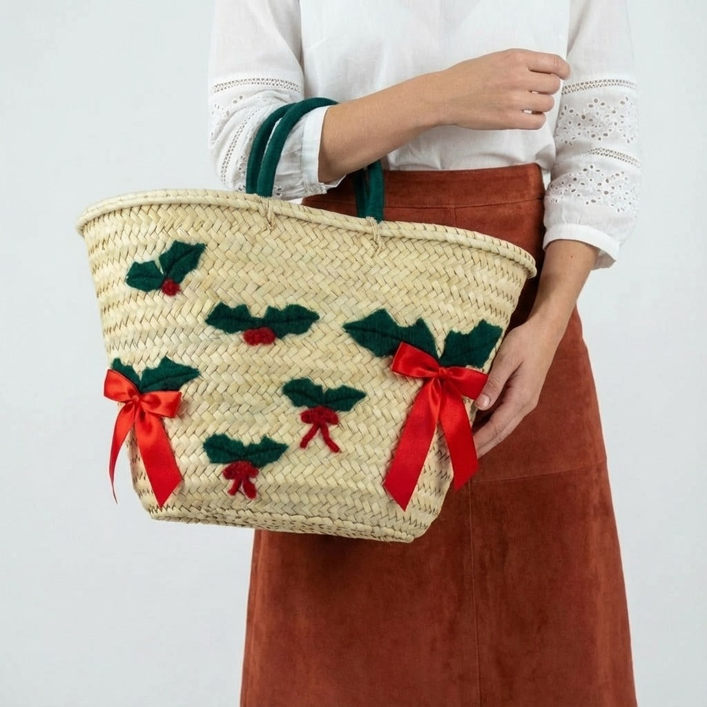 Christmas Holly Straw Tote Bag - Woven Holiday Market Basket