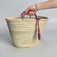 Woven Palm Leaf Market Basket Leather Handles Tassel