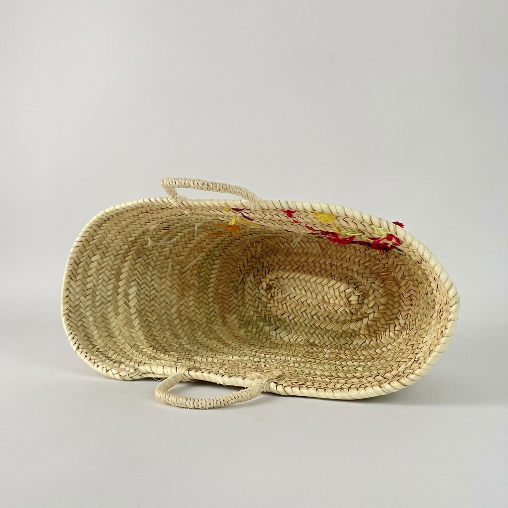 Embroidered Straw Market Basket - Watermelon & Daisy Tote
