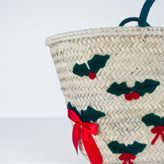 Festive Holly & Bow Straw Tote Bag - Christmas Market Basket