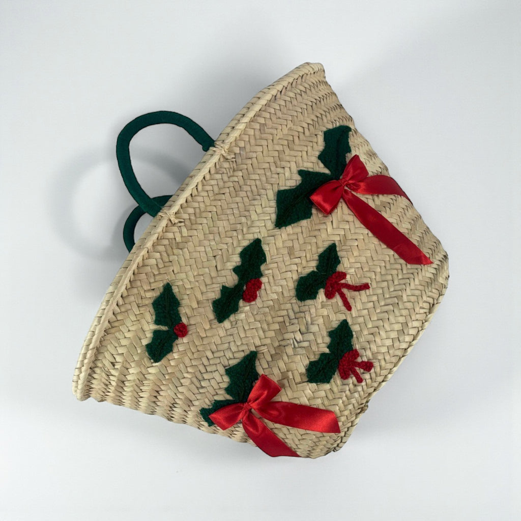 Christmas Holly Straw Tote Bag - Woven Holiday Market Basket