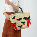 Christmas Holly Straw Tote Bag - Woven Holiday Market Basket
