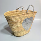 Sequin Heart Straw Market Basket - Handmade Boho Beach Tote Bag
