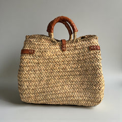 Woven Straw Market Basket Bag Leather Crossbody Tote