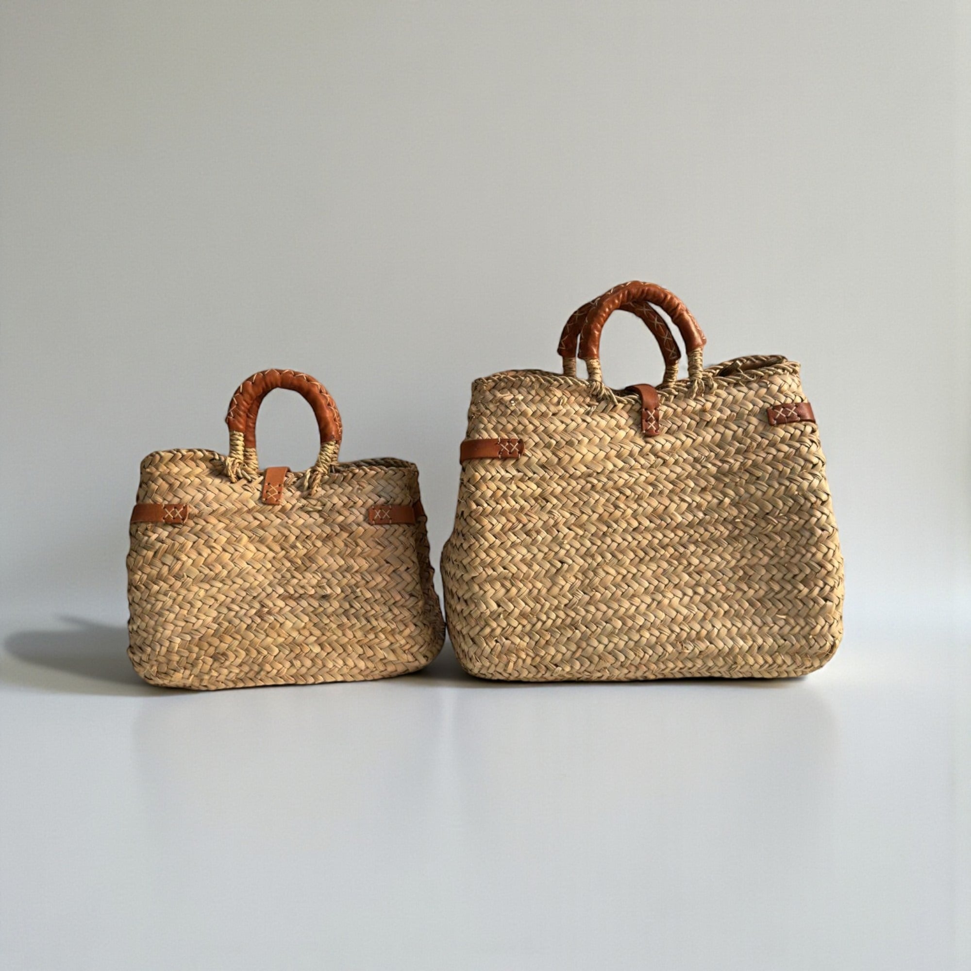 Woven Straw Tote Bag with Leather Handles & Strap - Summer Basket