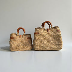 Woven Straw Market Basket Bag Leather Crossbody Tote