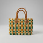 Handmade Reed Market Basket Tote Bag - Orange Green Geometric Pattern