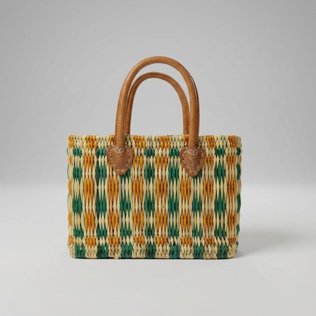 Handmade Reed Market Basket Tote Bag - Orange Green Geometric Pattern