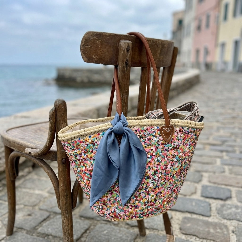 Sequin Straw Tote Bag with Leather Handles - Large Beach Basket