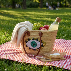 Evil Eye Straw Beach Bag with Leather Handles - Sequin Summer Tote