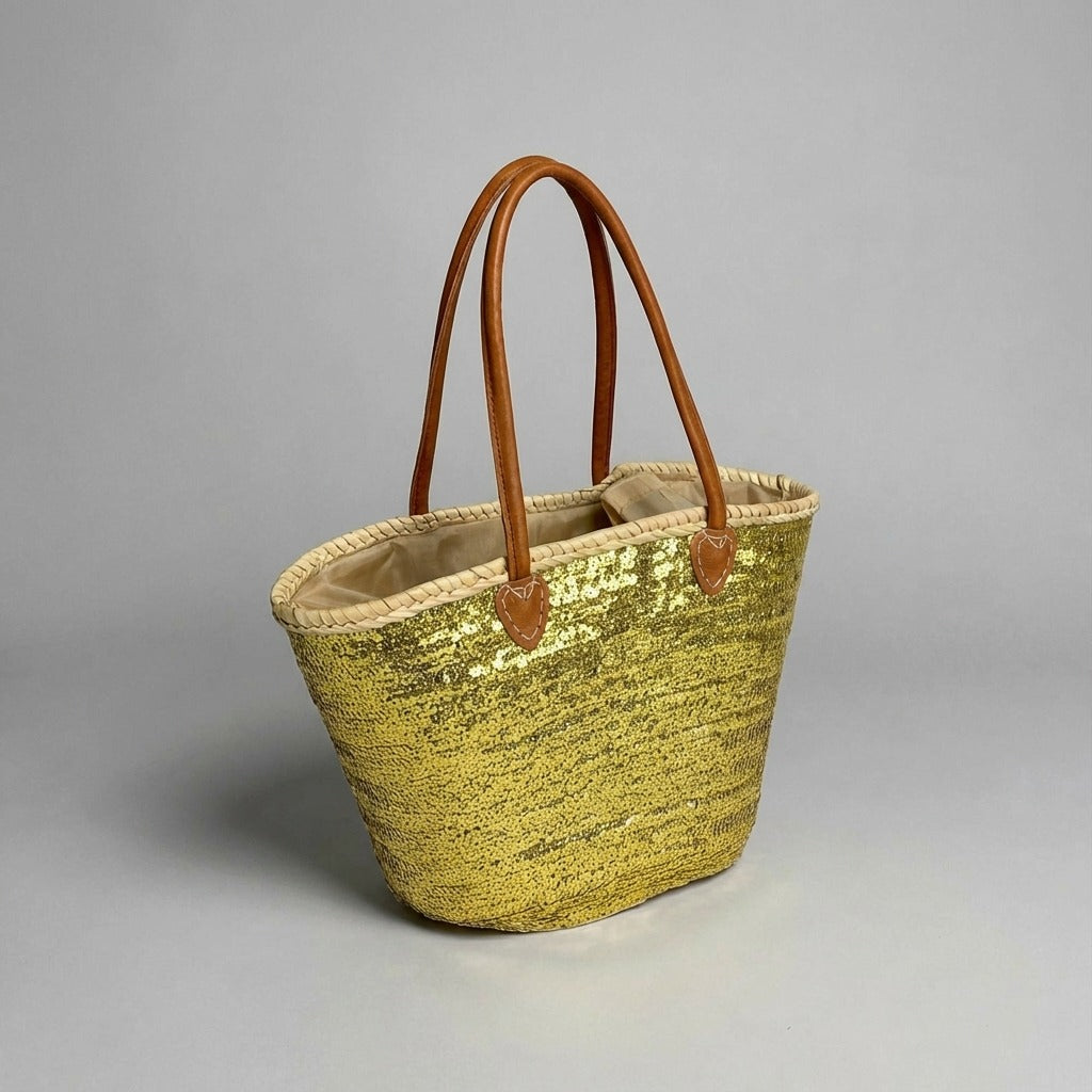 Sequin Straw Tote Bag with Leather Handles - Large Beach Basket