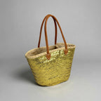 Sequin Straw Tote Bag with Leather Handles - Large Beach Basket