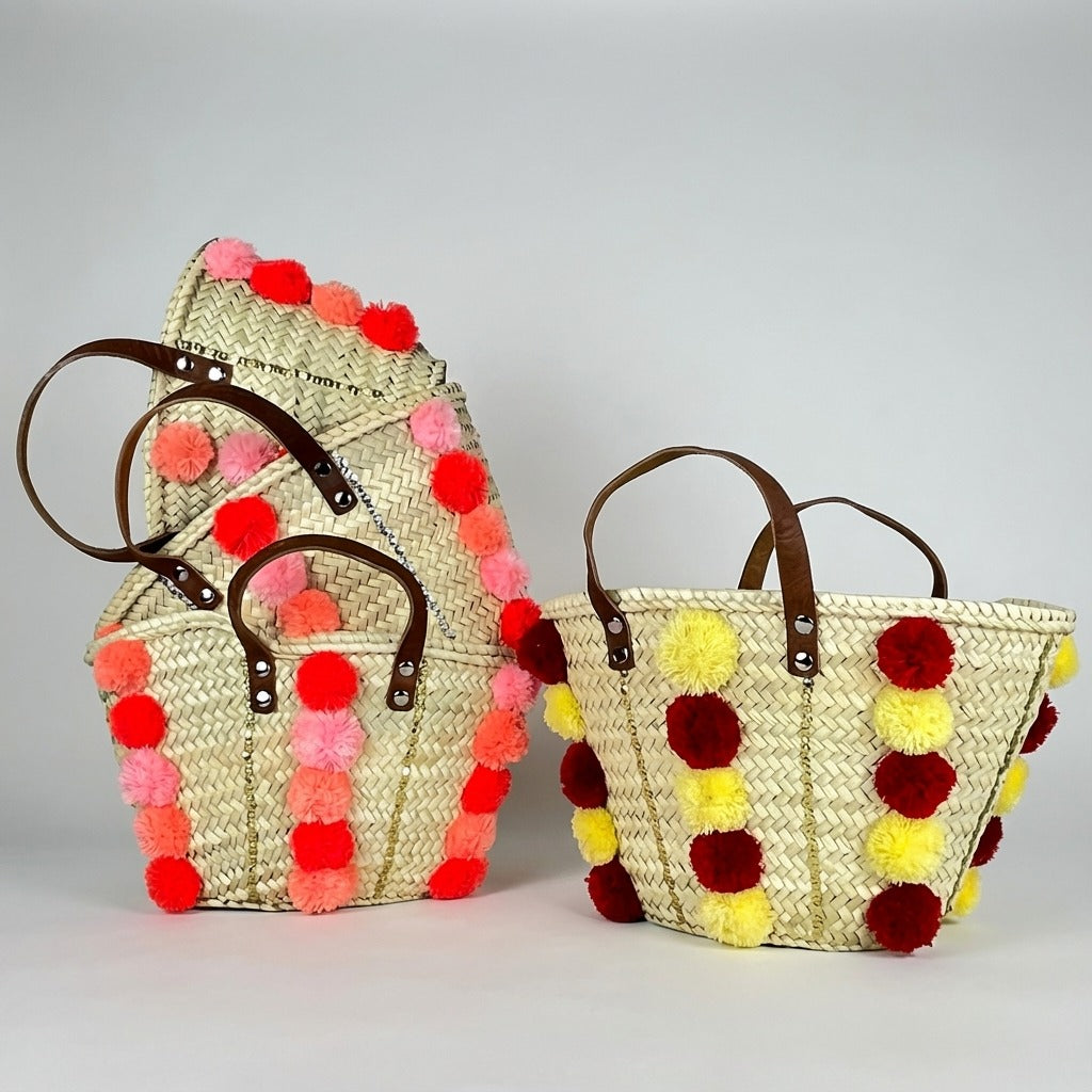 Handmade Moroccan Straw Tote Bag with Pom Poms & Sequins