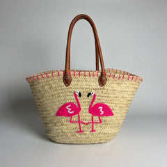 Handwoven Flamingo Straw Tote Bag with Leather Straps