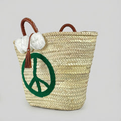 Woven Straw Peace Sign Tote Bag Green Leather Handle
