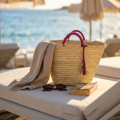 Woven Palm Leaf Market Basket Leather Handles Tassel