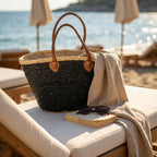 Sequin Straw Tote Bag with Leather Handles - Large Beach Basket