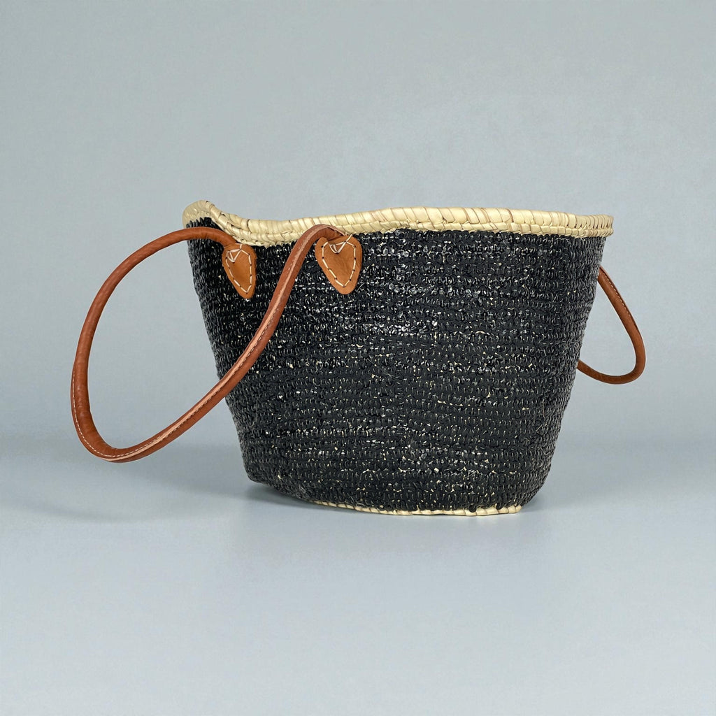 Sequin Straw Tote Bag with Leather Handles - Large Beach Basket