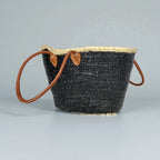 Sequin Straw Tote Bag with Leather Handles - Large Beach Basket