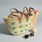 Embroidered Straw Tote Bag Floral Market Basket Leather Handles
