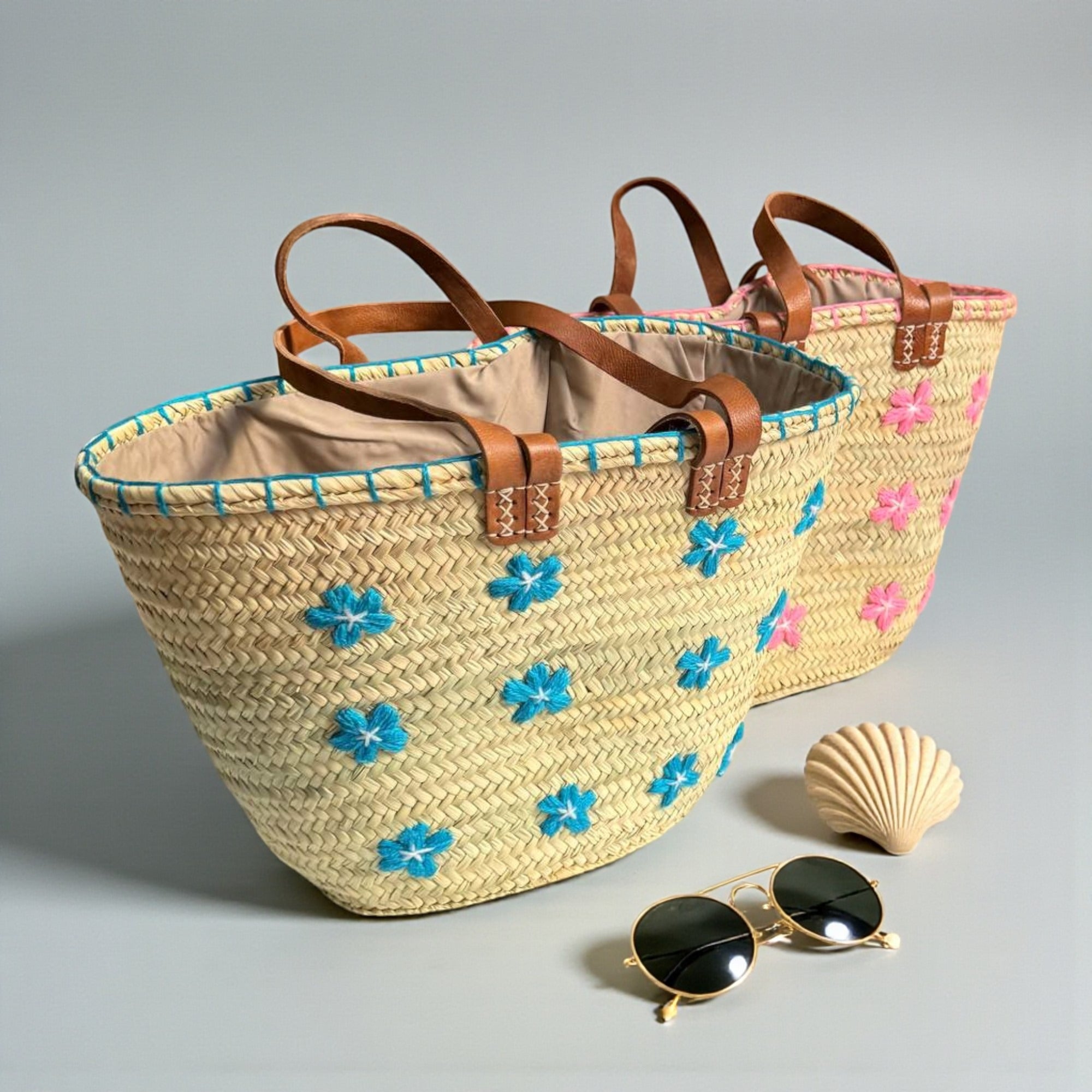 Embroidered Straw Tote Bag Floral Market Basket Leather Handles