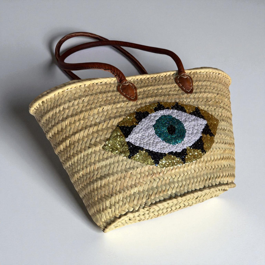 Evil Eye Straw Bag, Large Sequin Woven Market Tote & Leather Handles