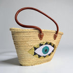 Evil Eye Straw Bag, Large Sequin Woven Market Tote & Leather Handles