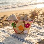 Floral Straw Tote Bag with Leather Handles - Woven Summer Market Basket