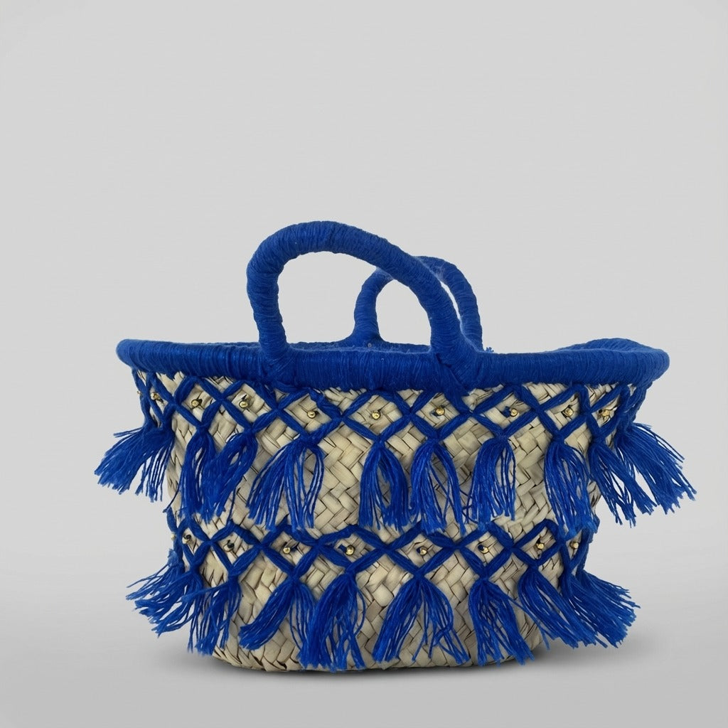 Woven Straw Tote Bag Macrame Fringe Boho Beach Basket