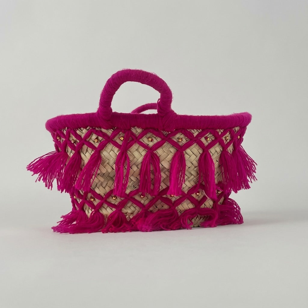 Woven Straw Tote Bag Macrame Fringe Boho Beach Basket