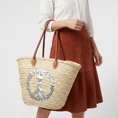 Sequin Peace Sign Straw Market Tote Bag Leather Handles