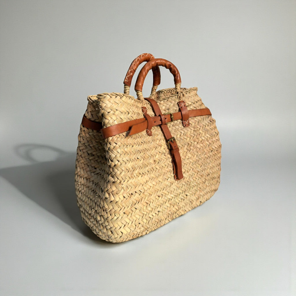 Woven Straw Tote Bag with Leather Handles & Strap - Summer Basket