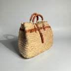 Woven Straw Tote Bag with Leather Handles & Strap - Summer Basket