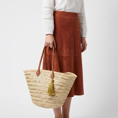 Gold Sequin Straw Market Basket Tote Leather Handles