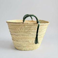 Woven Palm Leaf Market Basket Leather Handles Tassel